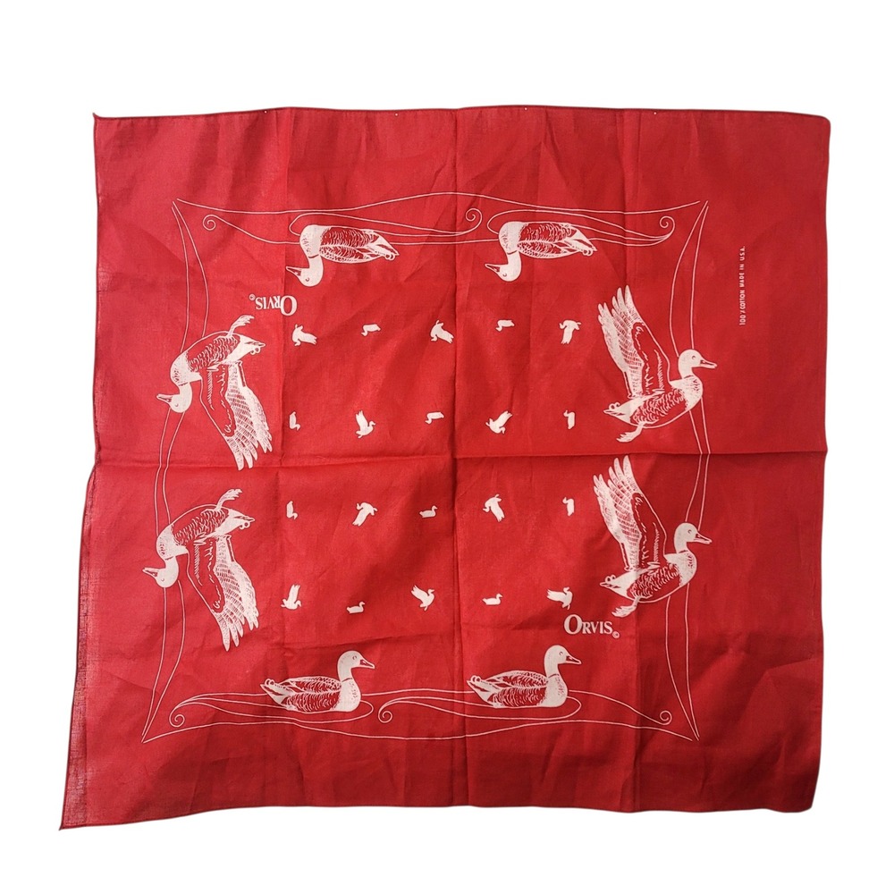 Vintage Orvis Red Cotton Bandana Duck Waterfowl Print Made in USA 21x21